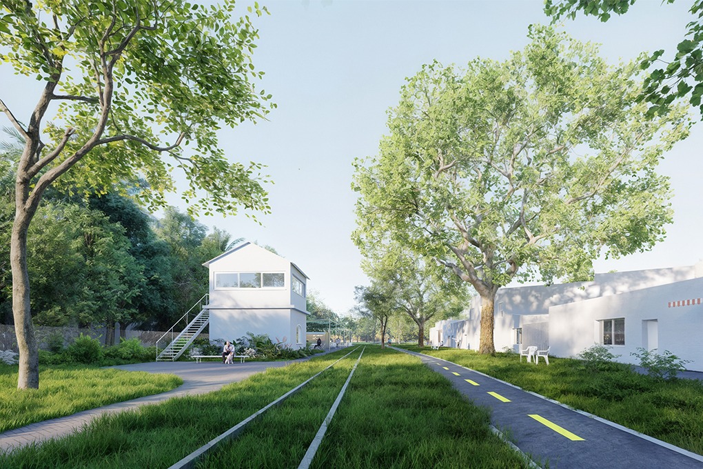 Paseo de las Colectividades, Santa Fe · render del cabin ferroviario y las vías convertidas en paseo